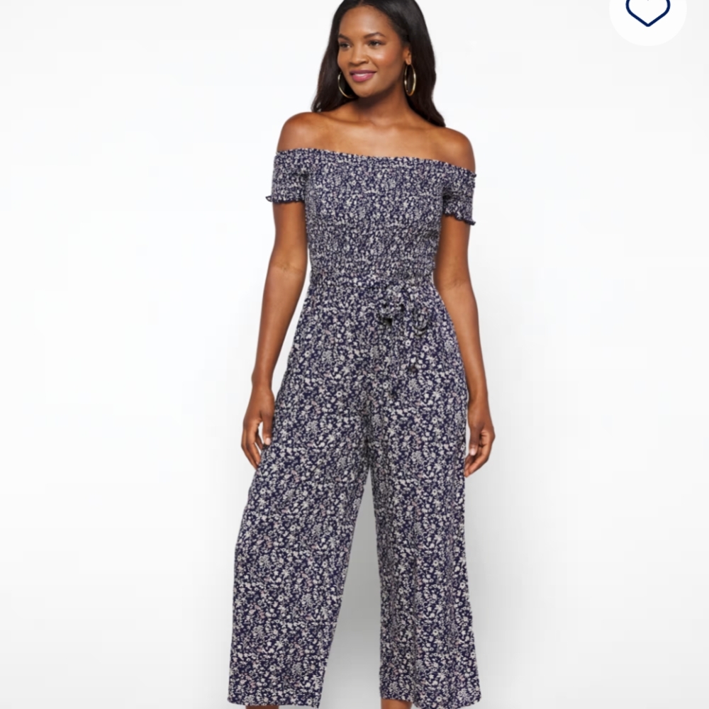 Lulu's Medium Brinley Navy Floral Off Shoulder Jumpsuit